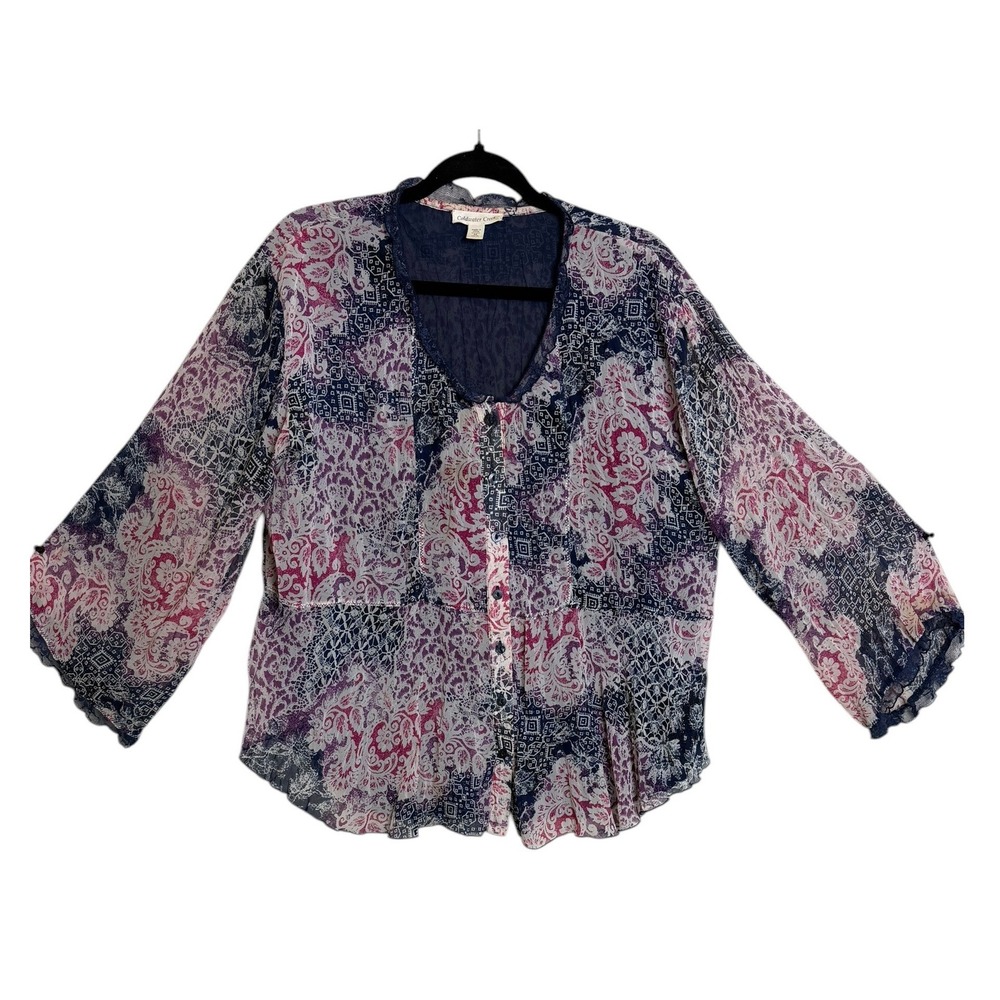 Coldwater Creek Blouse Womens M Navy Blue Paisley Patchwork Sheer Boho‎ Peasant
